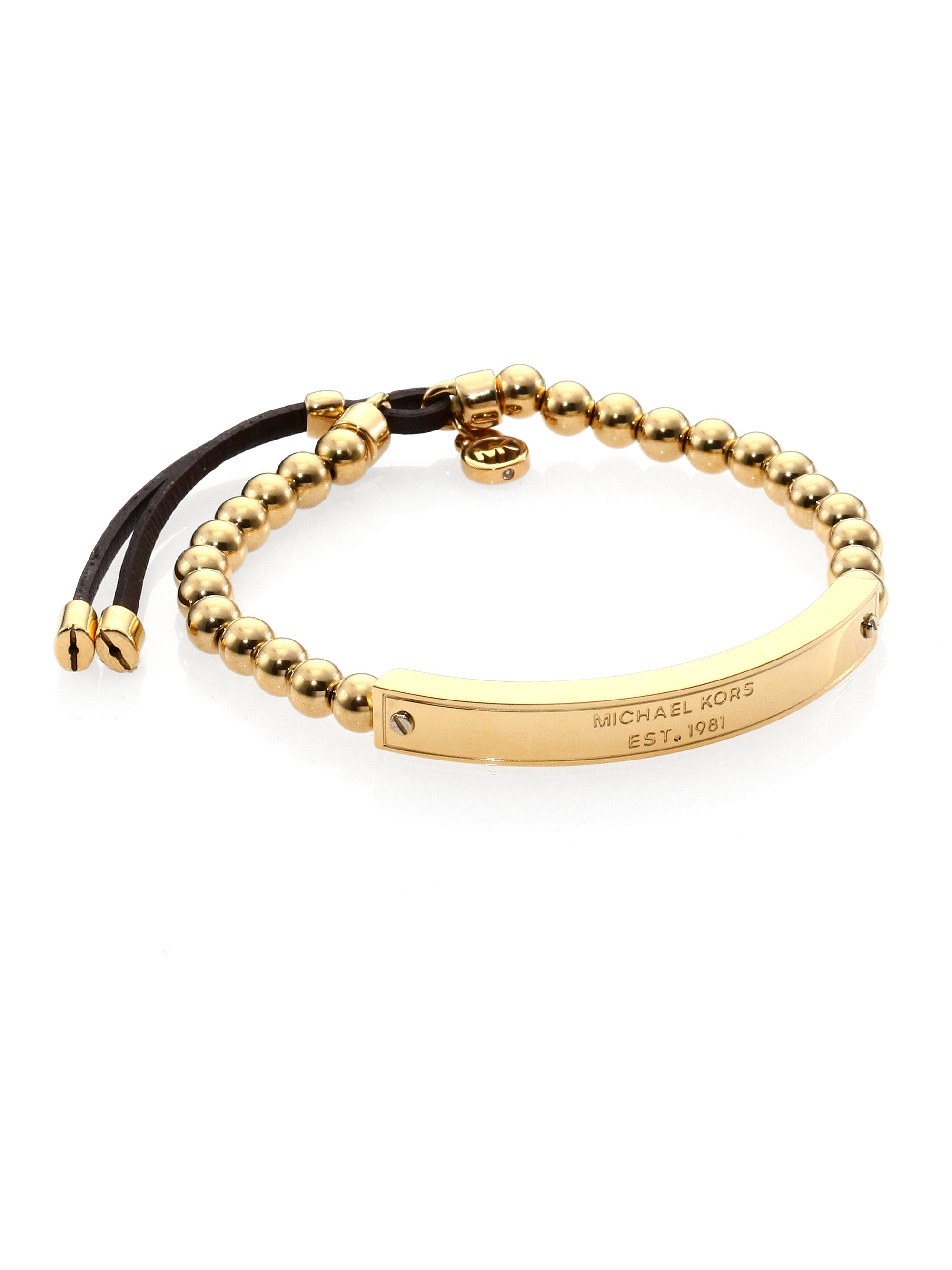 Michael Kors Heritage Plaque Logo Beaded Leather Bracelet/goldtone in ...