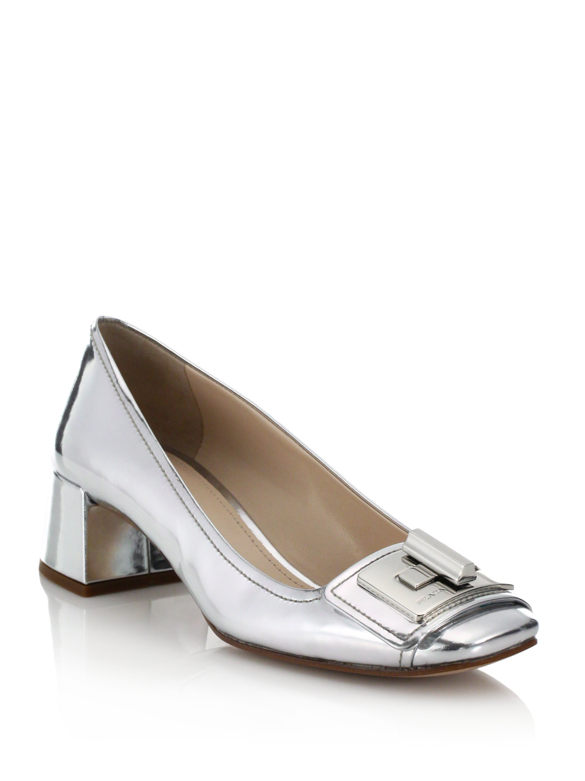 Prada Metallic Leather Block-Heeled Pumps in Metallic | Lyst