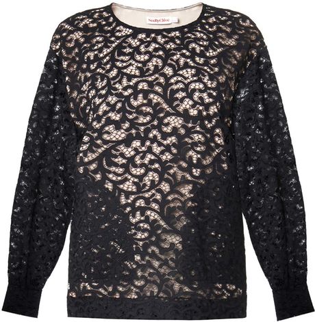 See By Chloé Lace Long-Sleeved Top in Black | Lyst