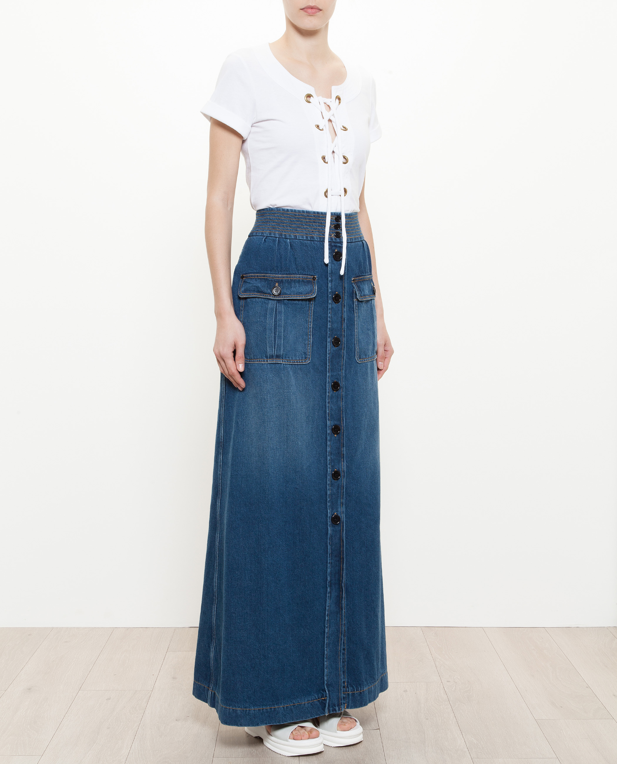 Lyst Chloé Long Denim Skirt In Blue