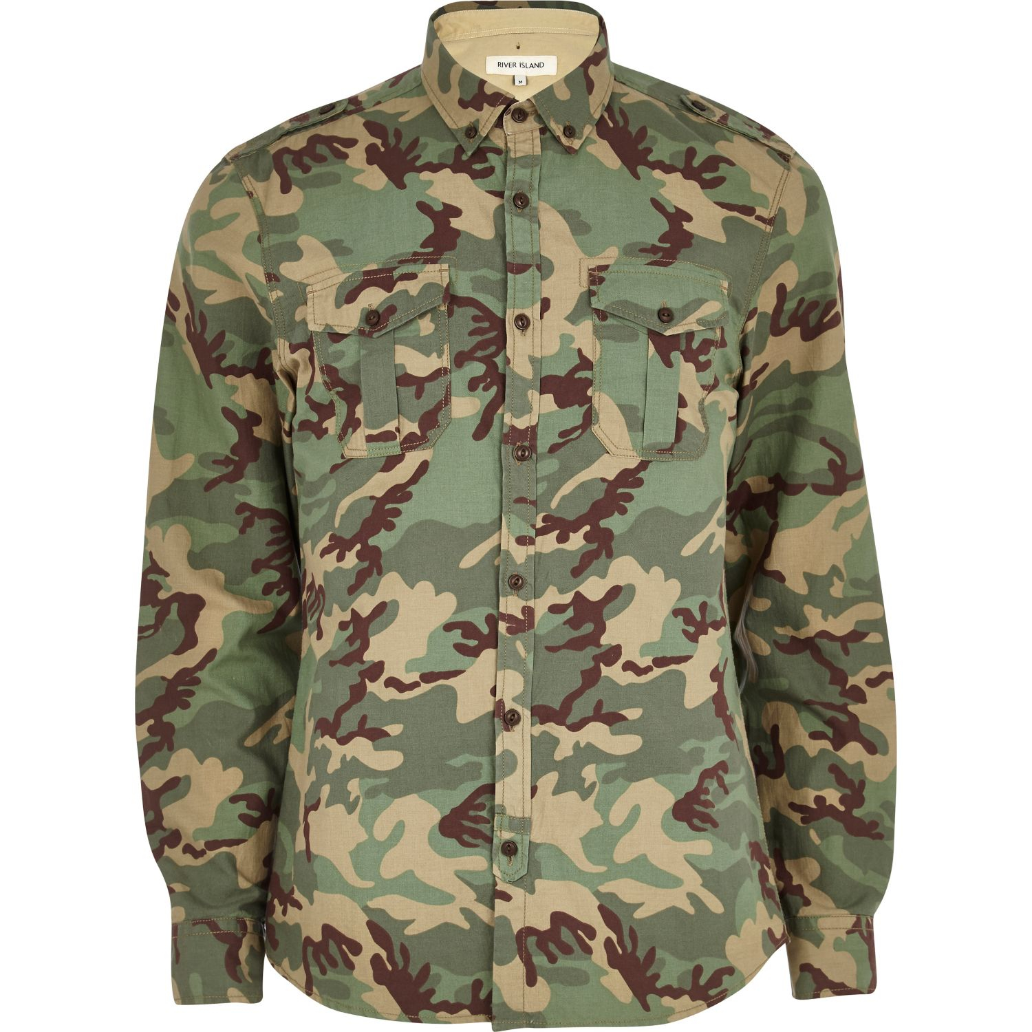 River Island Khaki Camo Print Roll Sleeve Shirt in Green for Men (khaki ...