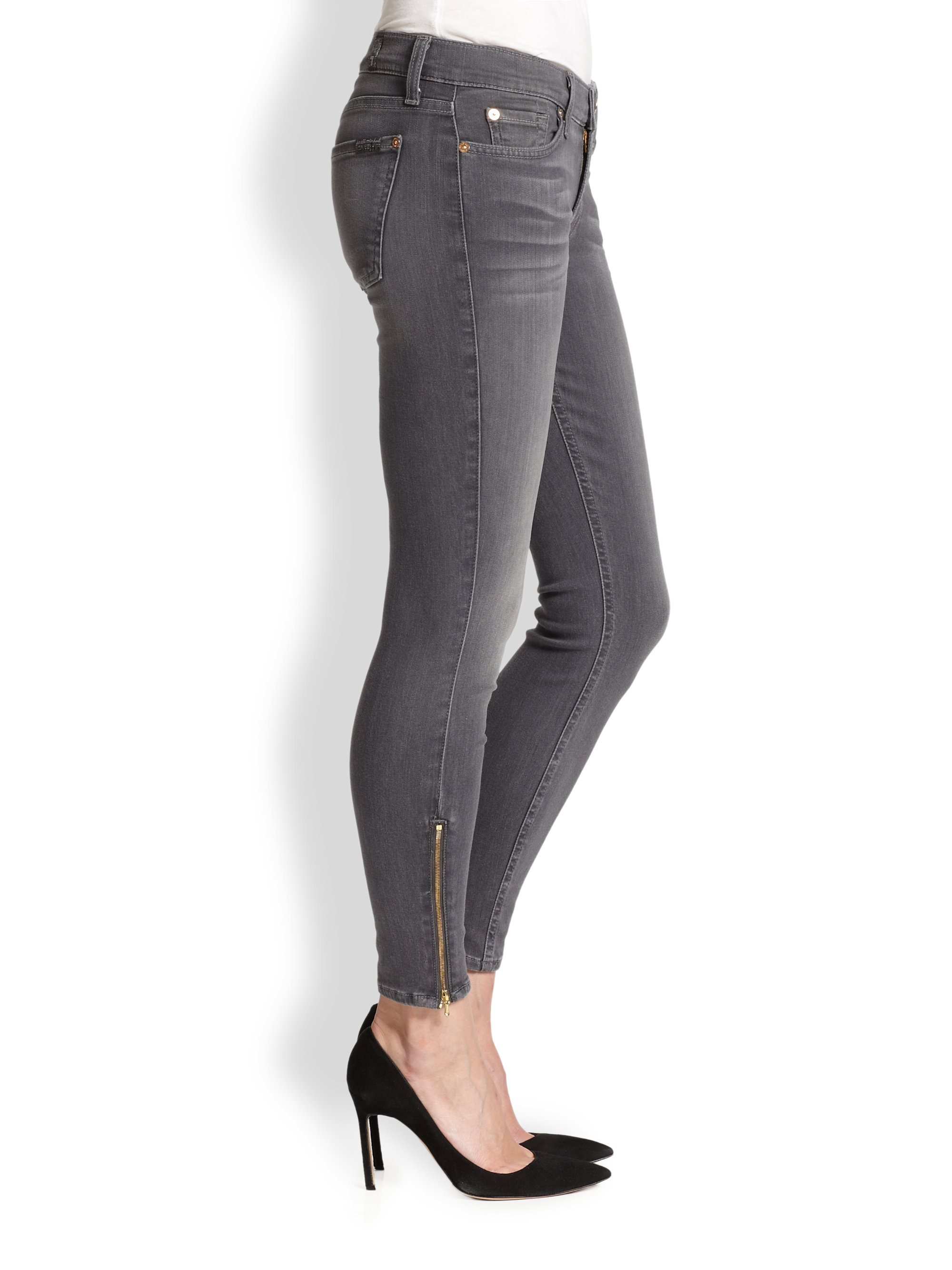 7 for all mankind The Skinny Cropped AnkleZip Jeans in Gray Lyst