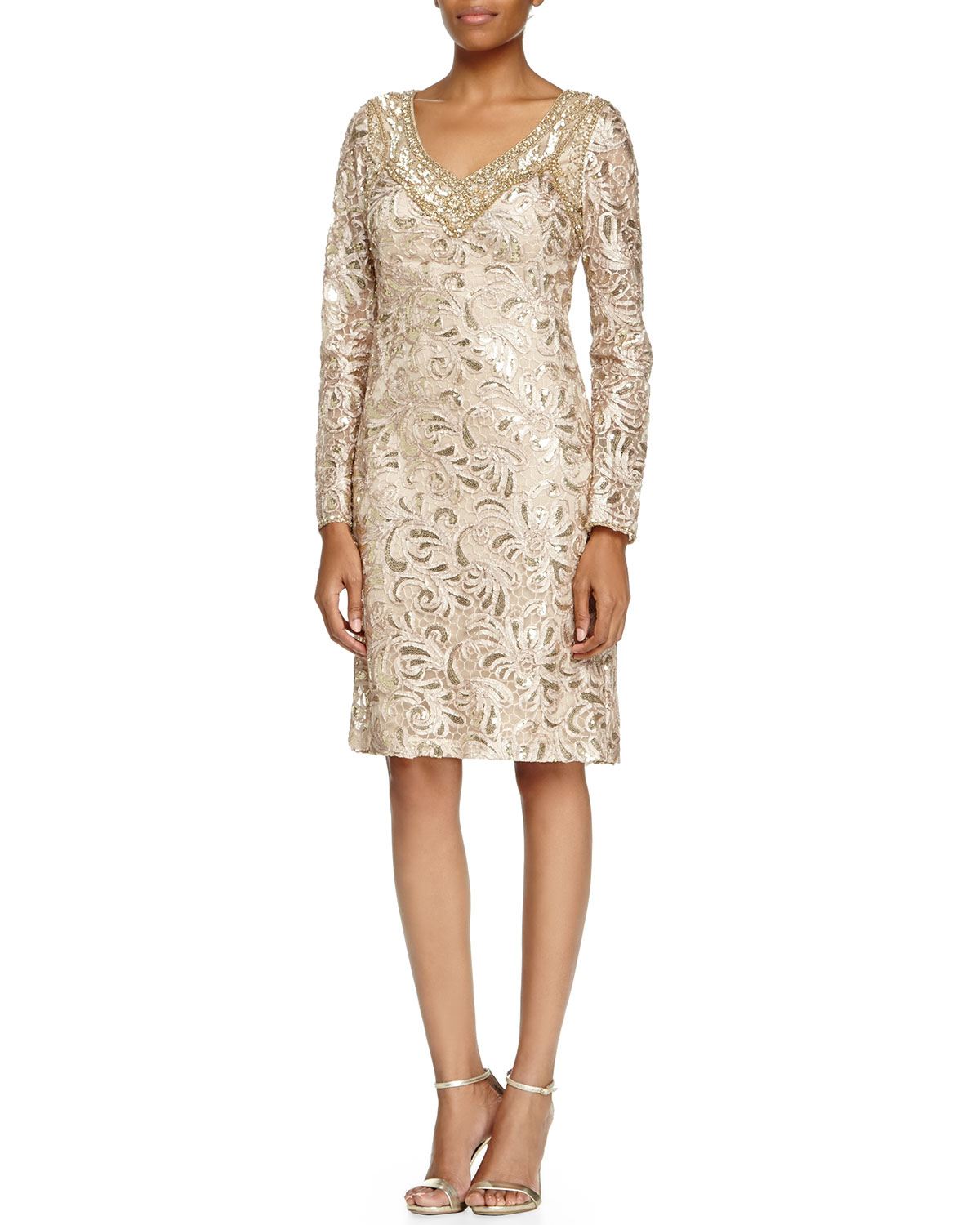 Lyst - Sue Wong Long-Sleeve Sequined Lace Cocktail Dress in Metallic