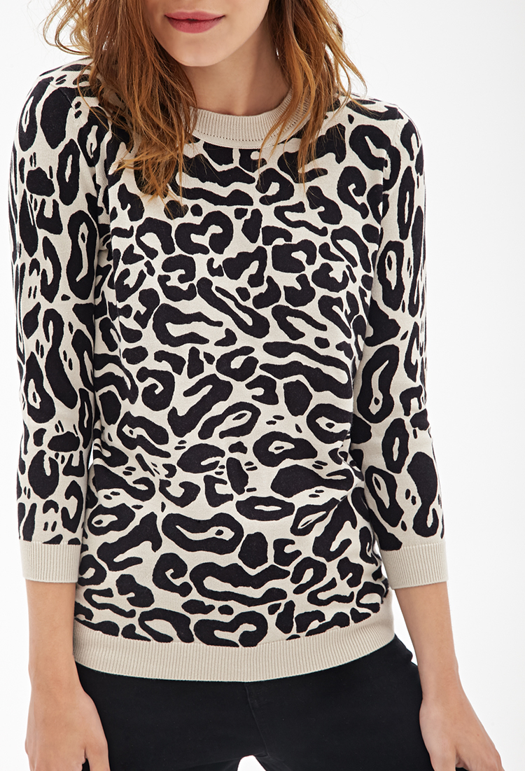 Forever 21 Leopard Print Crew Neck Sweater in Black | Lyst