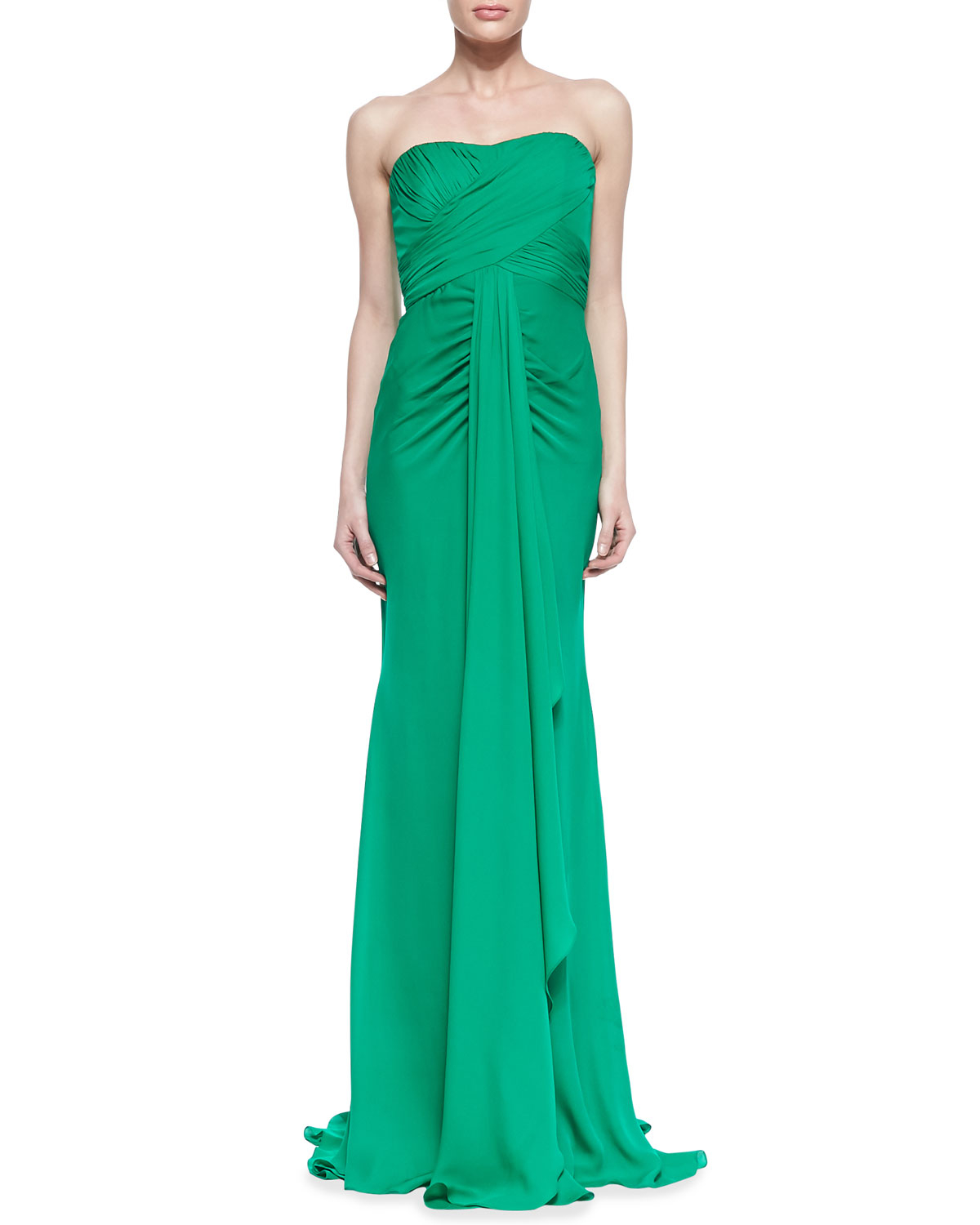 Lyst - Badgley Mischka Strapless Ruched-Bodice Draped Gown in Green