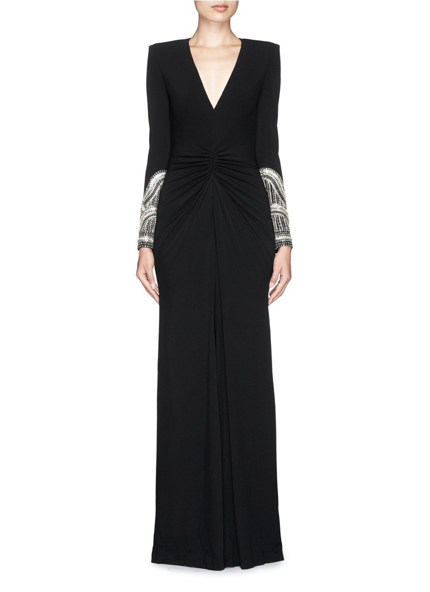 Lyst - Alexander Mcqueen Crystal Bead Cuff Ruched Jersey Gown in Black