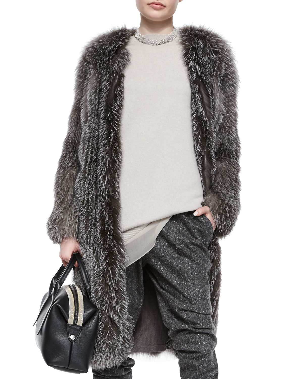 Brunello cucinelli Fox Fur Cashmere-knit Long Coat in Gray | Lyst