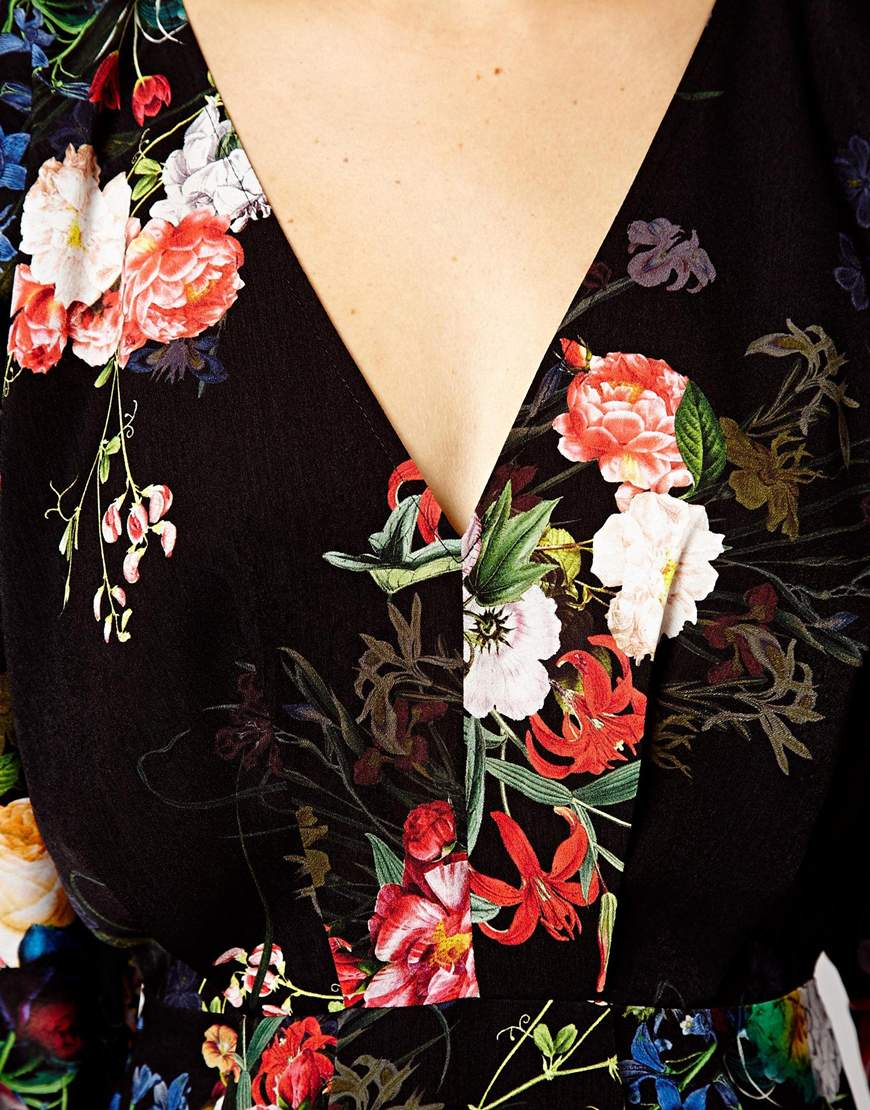 Asos Floral Print Kimono Dress in Black | Lyst