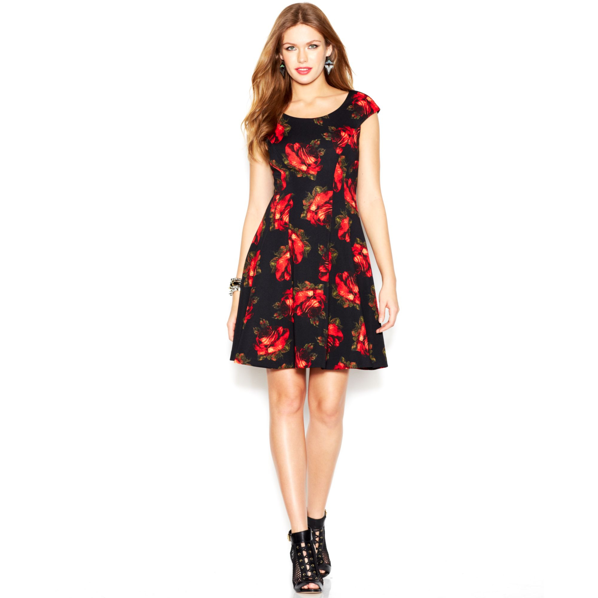 Betsey johnson Cap-Sleeve Rose-Print Dress in Red (Black Multi) | Lyst