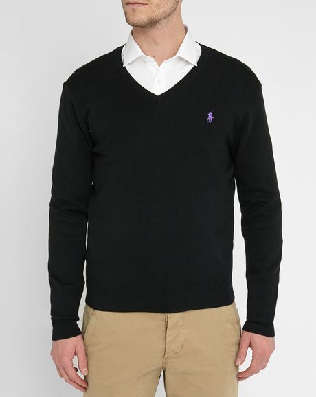 Polo Ralph Lauren Black Pima Cotton V-neck Sweater in Black for Men | Lyst