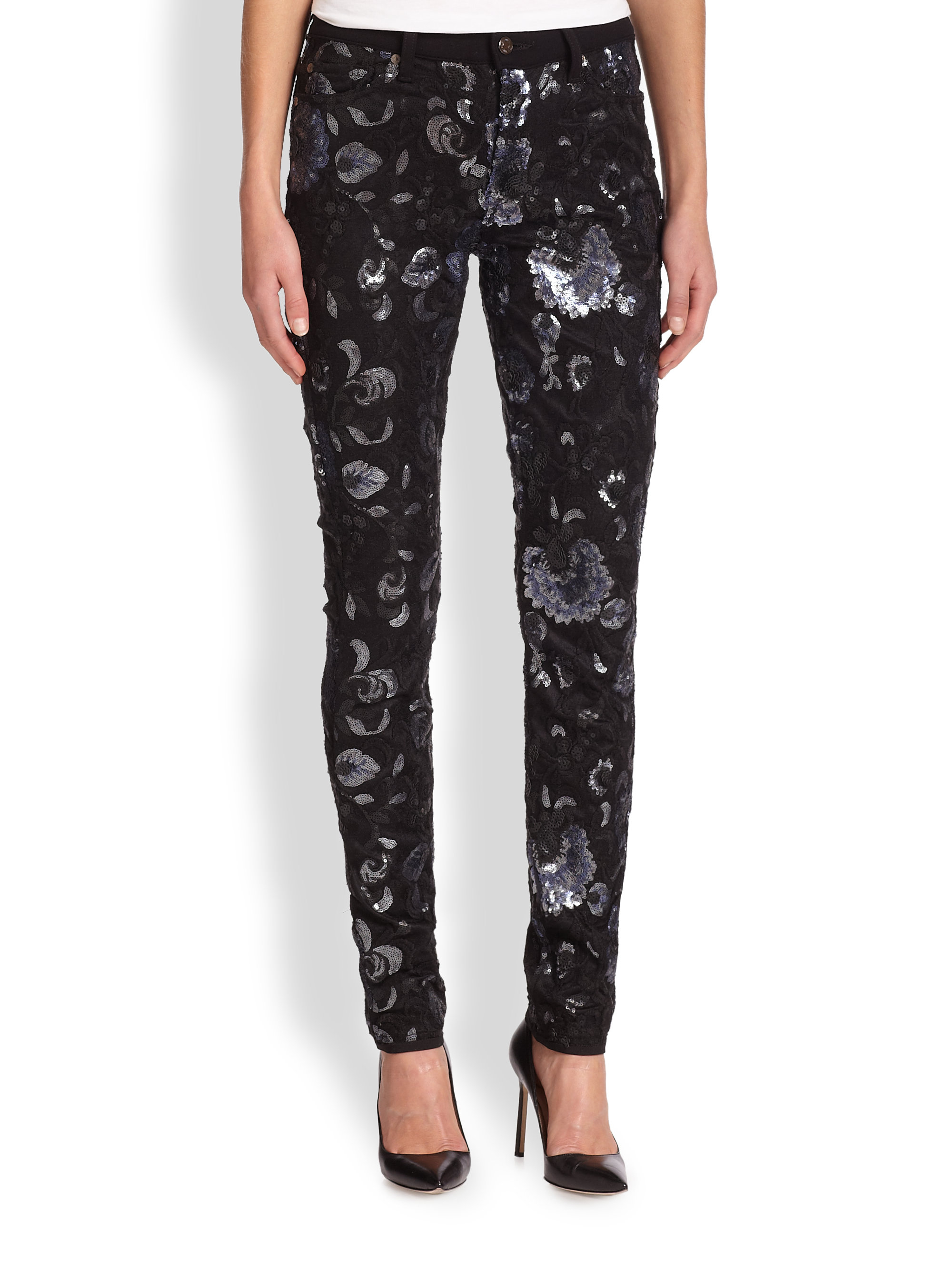 For All Mankind Sequined Floral Patterned Skinny Jeans Lyst