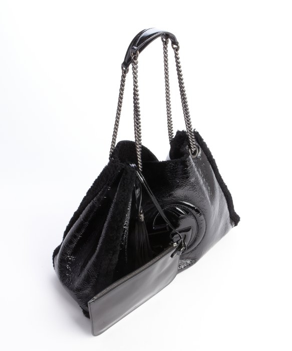 Lyst - Gucci Black Patent Leather and Dyed Fur Logo Emblem Chain Strap Shoulder Bag in Black