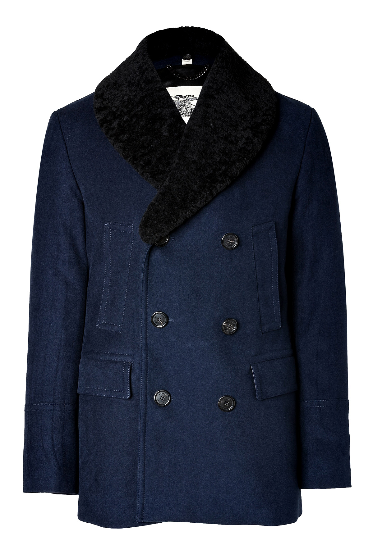 Burberry Bateson Pea Coat With Shearling Collar in Blue | Lyst