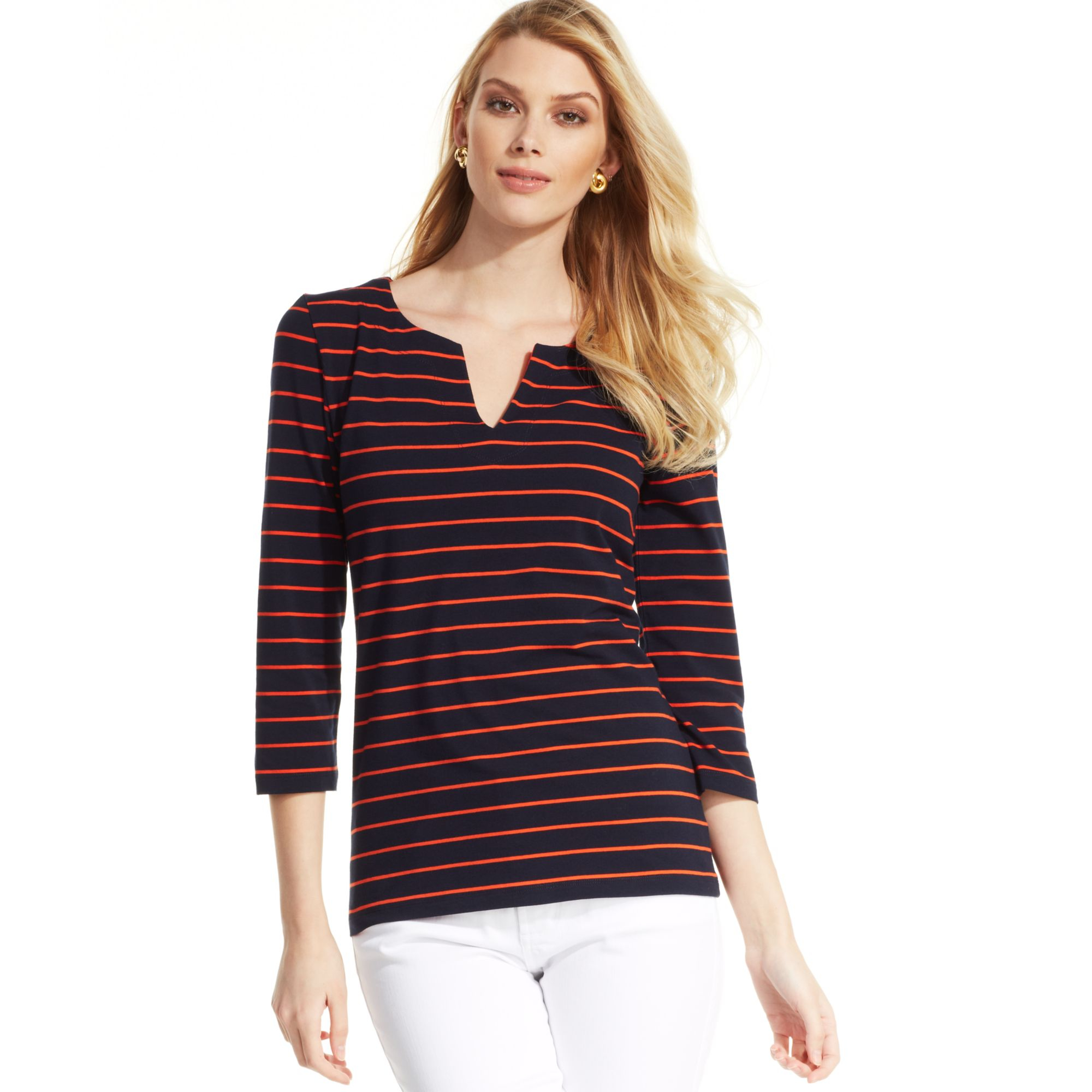 Jones New York Signature Three Quarter Sleeve Striped Tunic in Orange ...