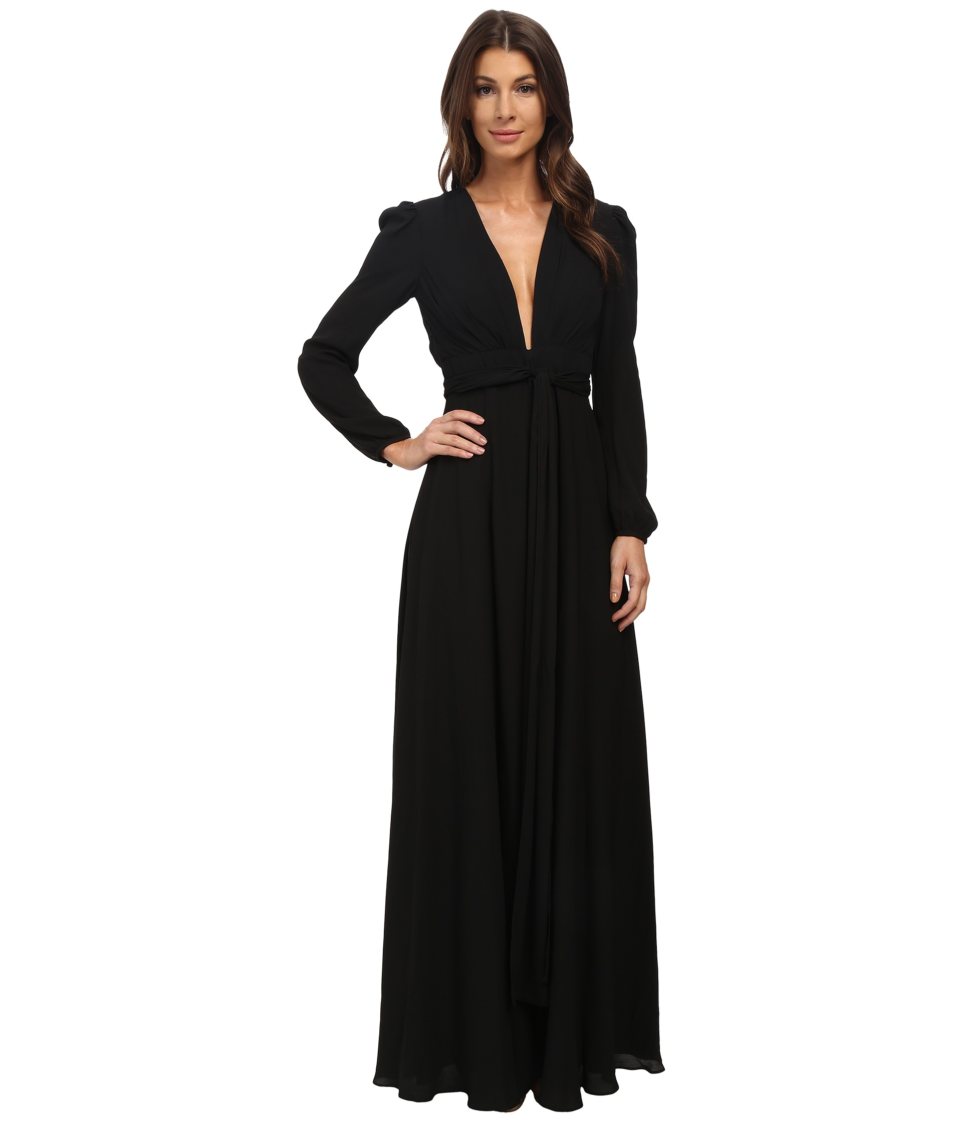 Jill jill stuart Long Sleeve Deep V Washed Georgette Gown in Black | Lyst