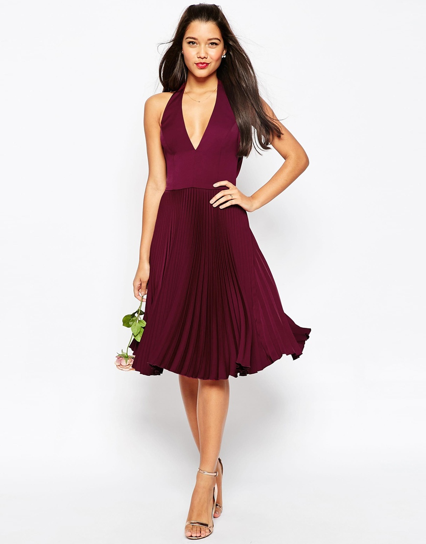  Asos  Wedding Drape Back Pleated Midi Dress  in Red Lyst