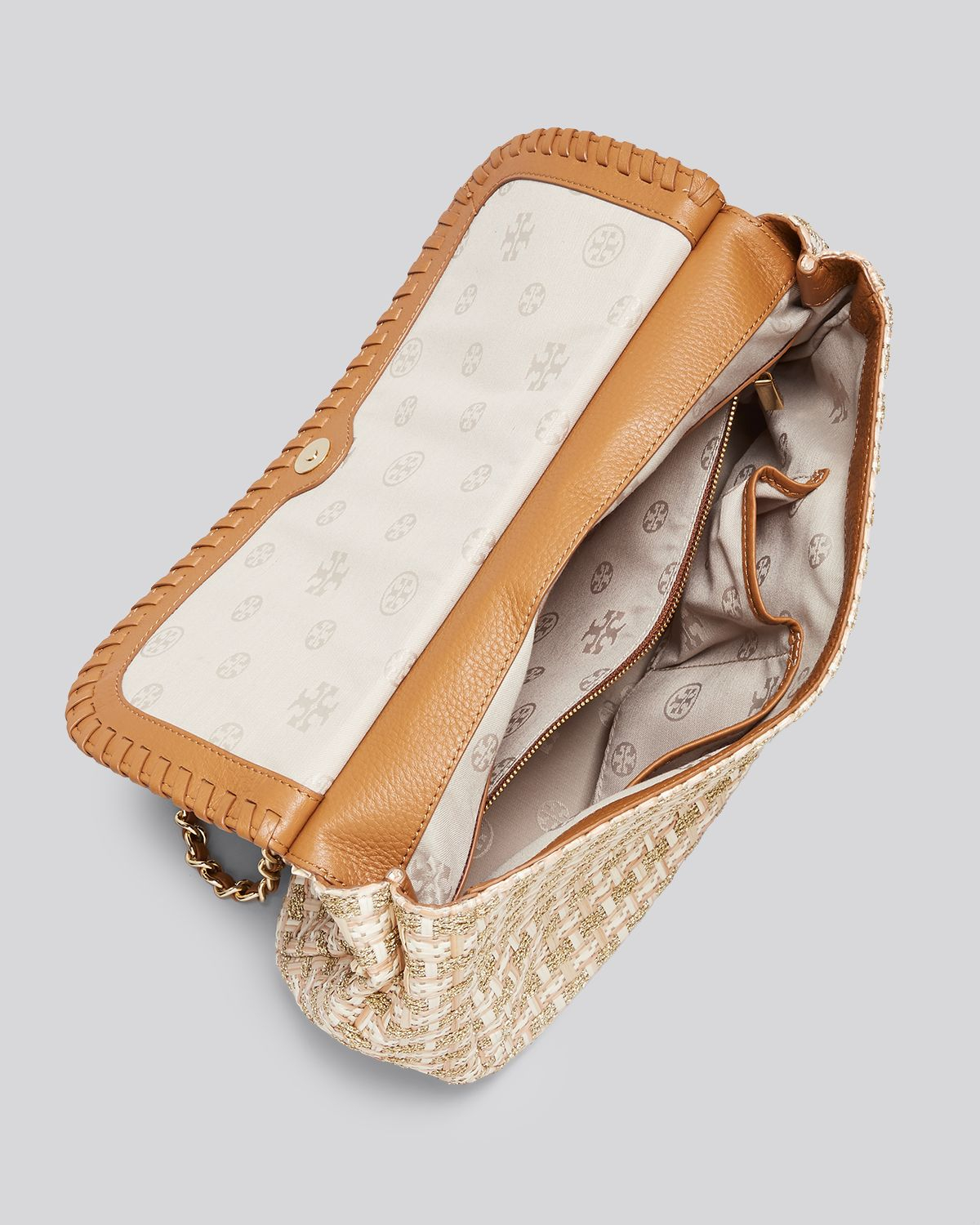 Lyst Tory Burch Shoulder Bag Marion Woven Straw Saddle in Metallic