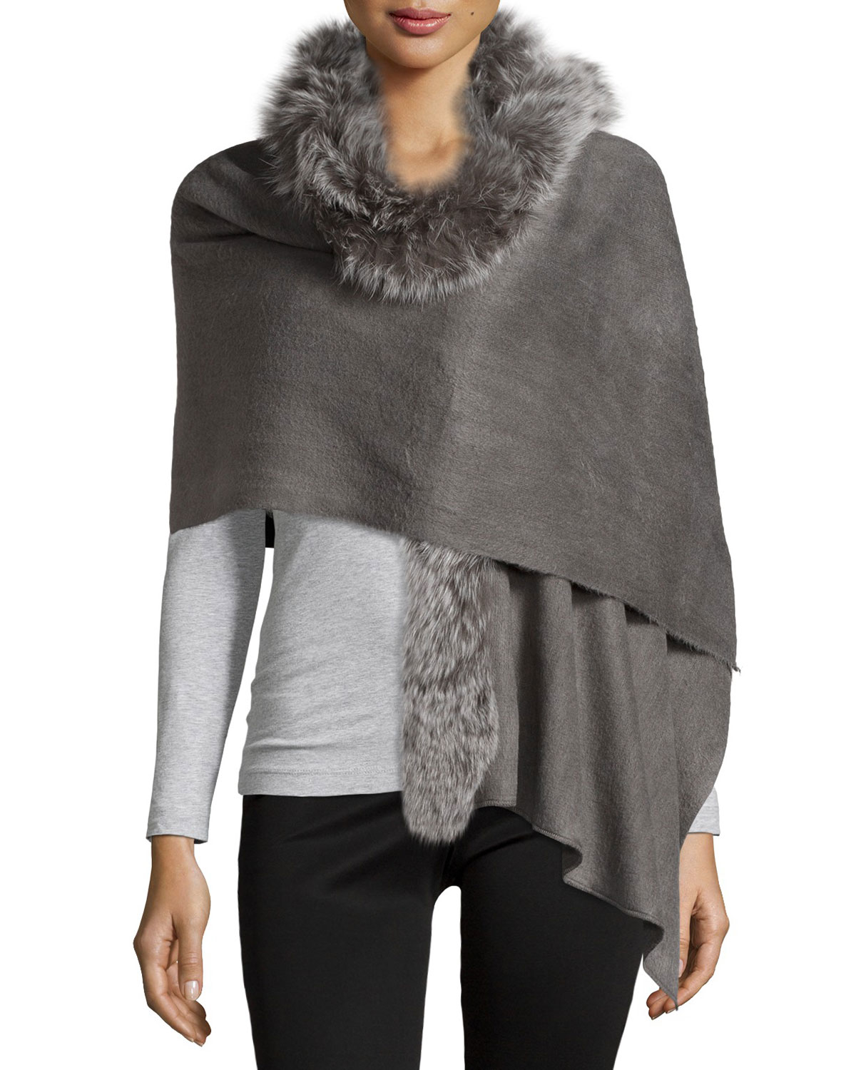 Lyst Adrienne Landau Foxfurtrim Knit Wrap in Gray