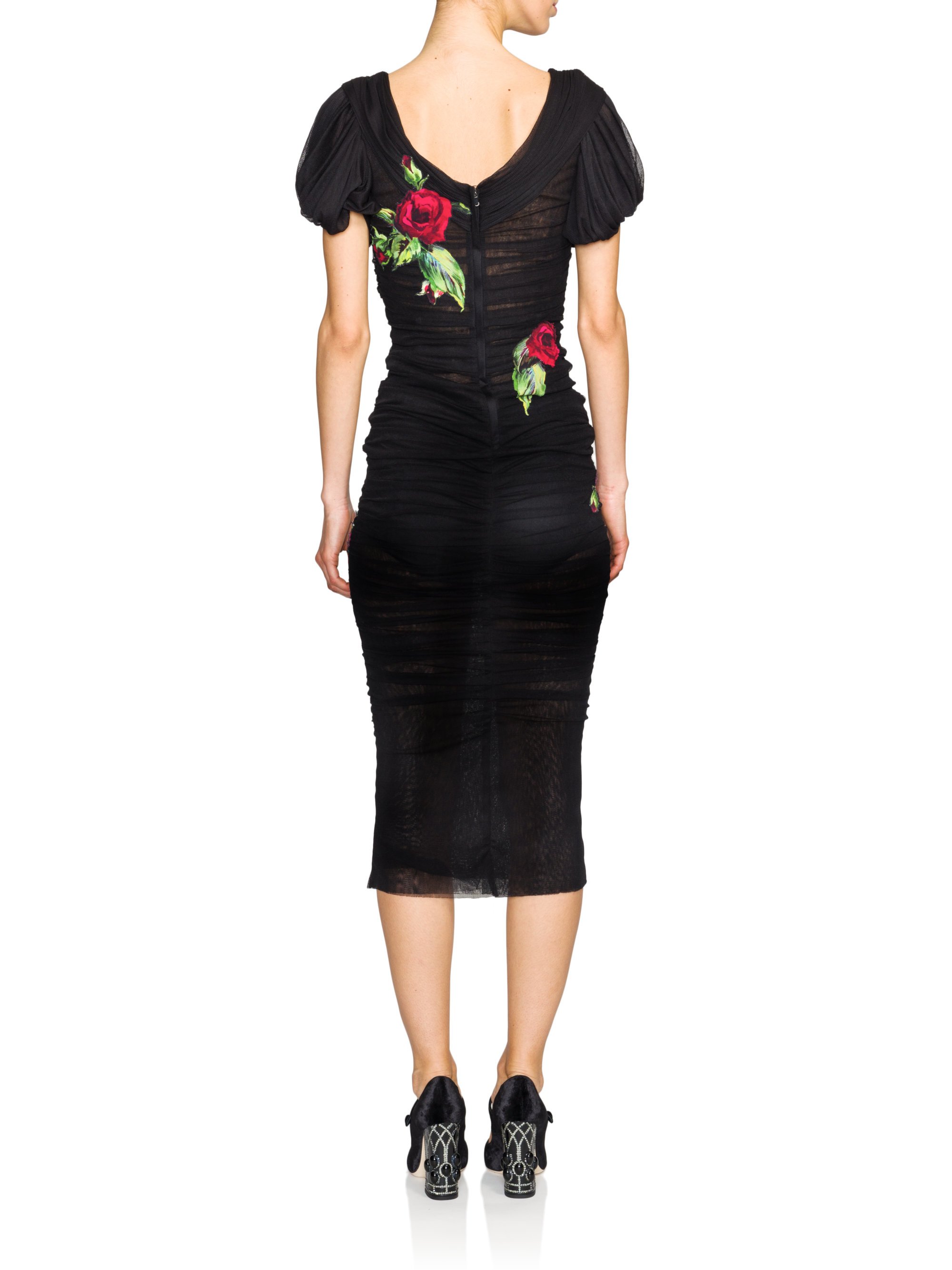 Lyst - Dolce & Gabbana Tulle Ruched Rose Dress in Black