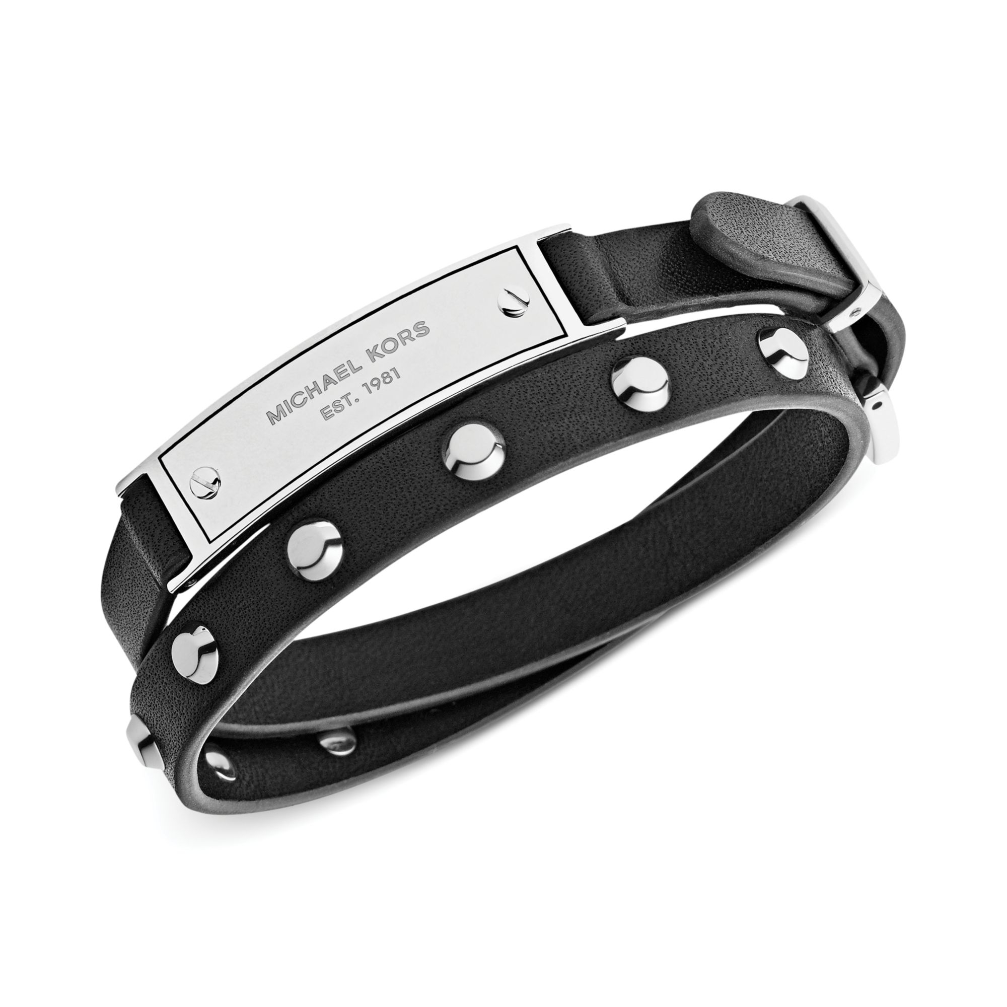 Lyst Michael Kors Silvertone Stud And Plaque Black Leather Wrap Gallery