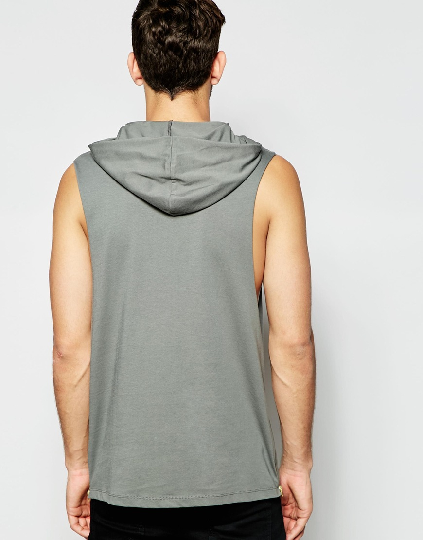 Asos Sleeveless T-shirt With Dropped Armhole And Hood With Zip Detail ...