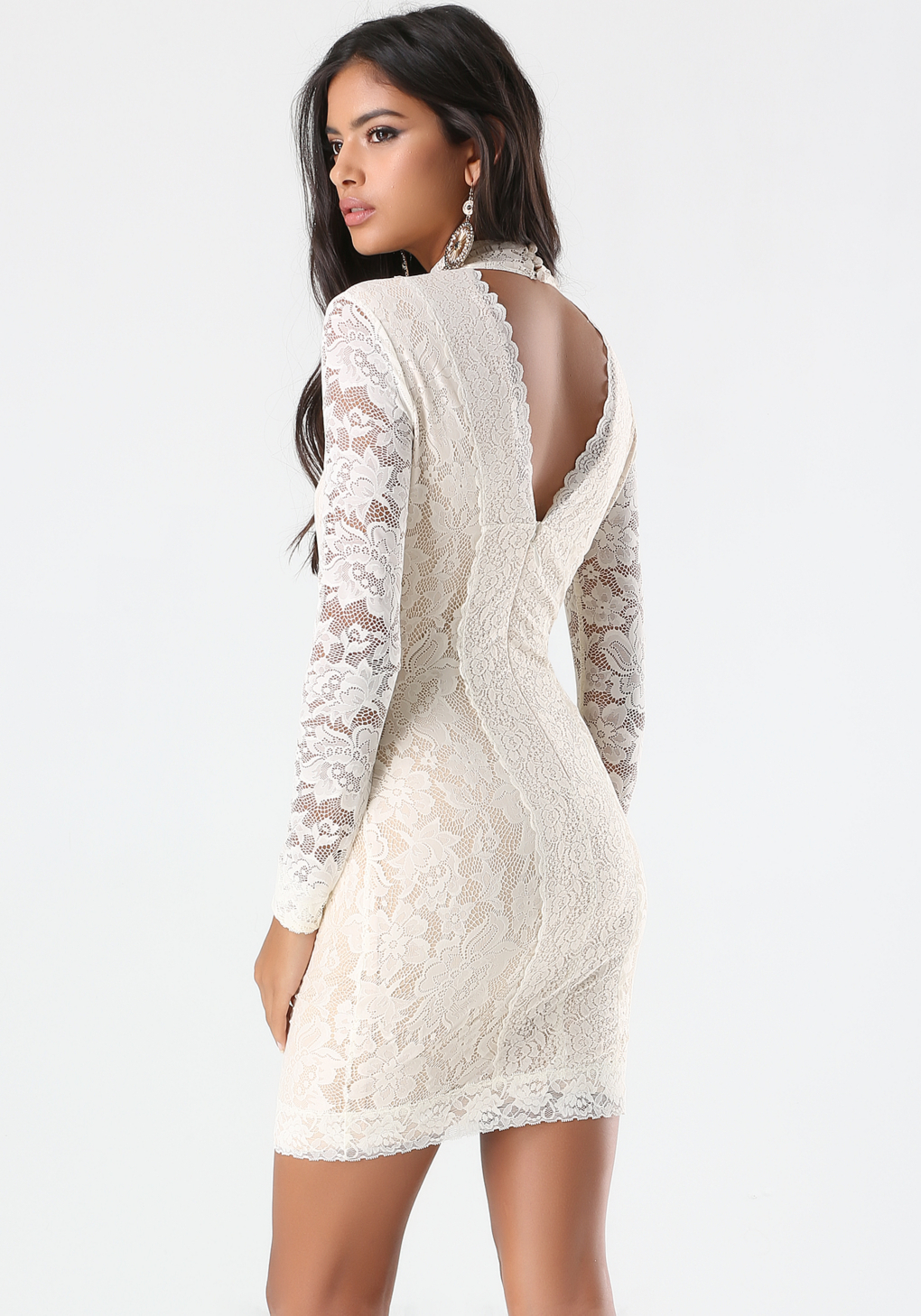 Lyst Bebe Lace Panel Mock Neck Dress In Natural 