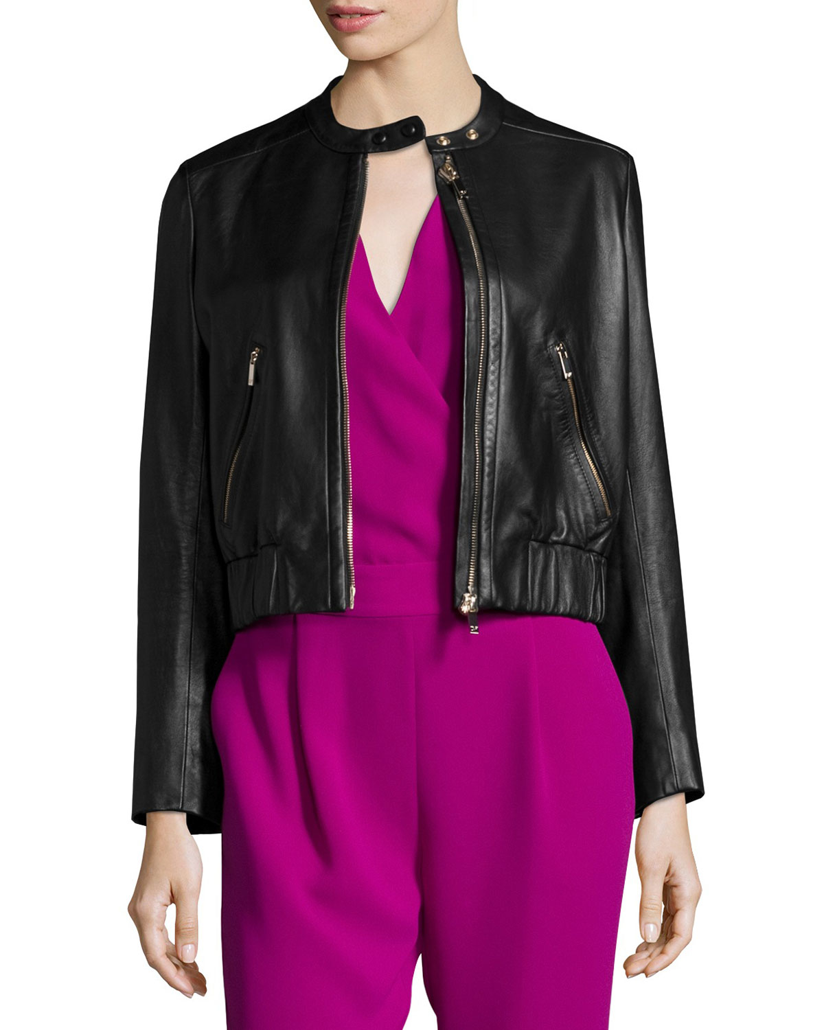 Diane Von Furstenberg Buckley Zip Front Lamb Leather Jacket In Gallery