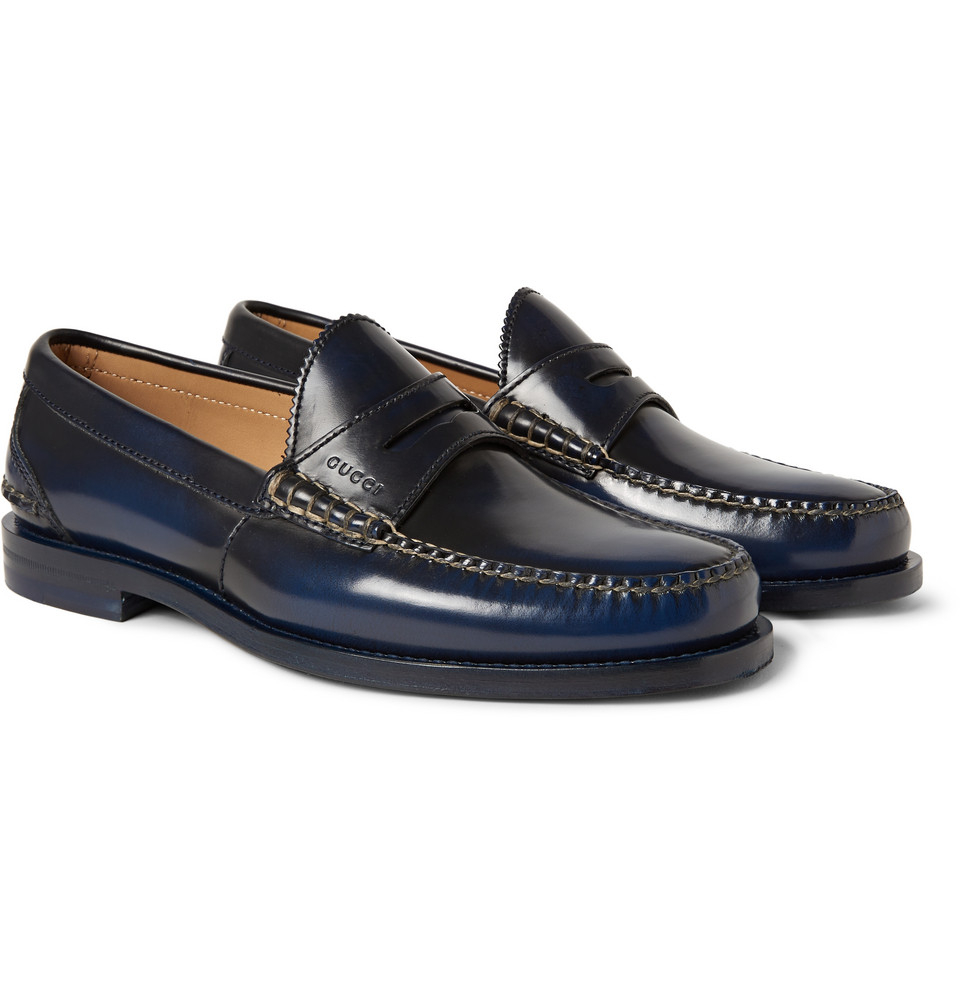 Gucci Burnished-Leather Loafers in Blue for Men | Lyst