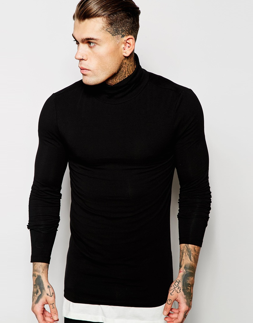 Asos Extreme Muscle Fit Long Sleeve T shirt With Roll Neck In Black For 