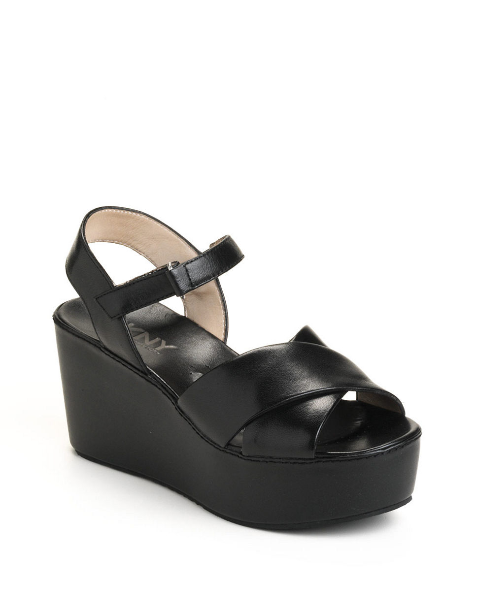 Dkny Saige Leather Platform Wedge Sandals in Black | Lyst