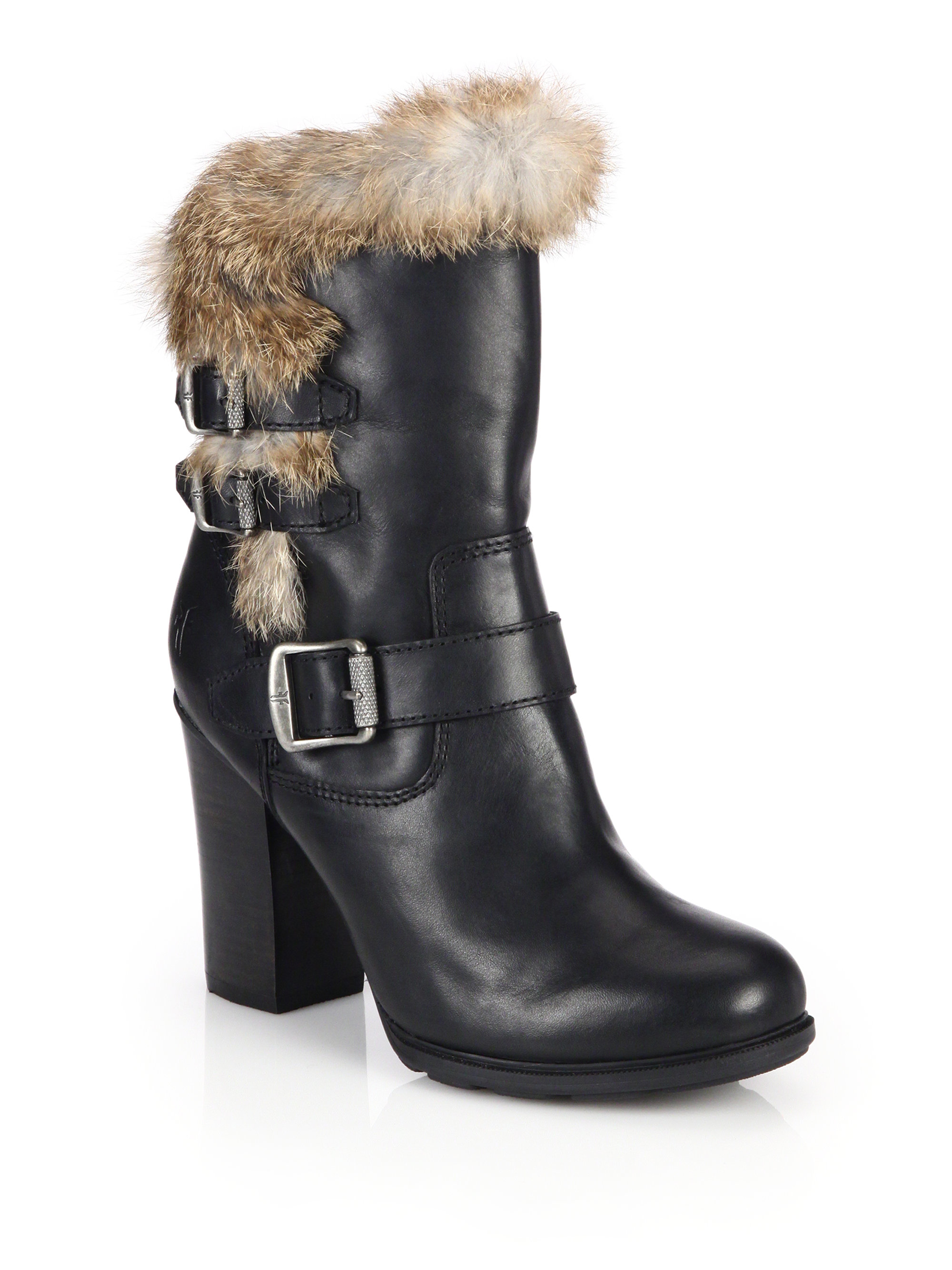 Lyst - Frye Penny Leather & Rabbit Fur Buckled Booties in Black
