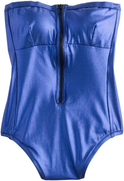 J Crew Blue Metallic Zip Front One Piece Swimsuit Lyst