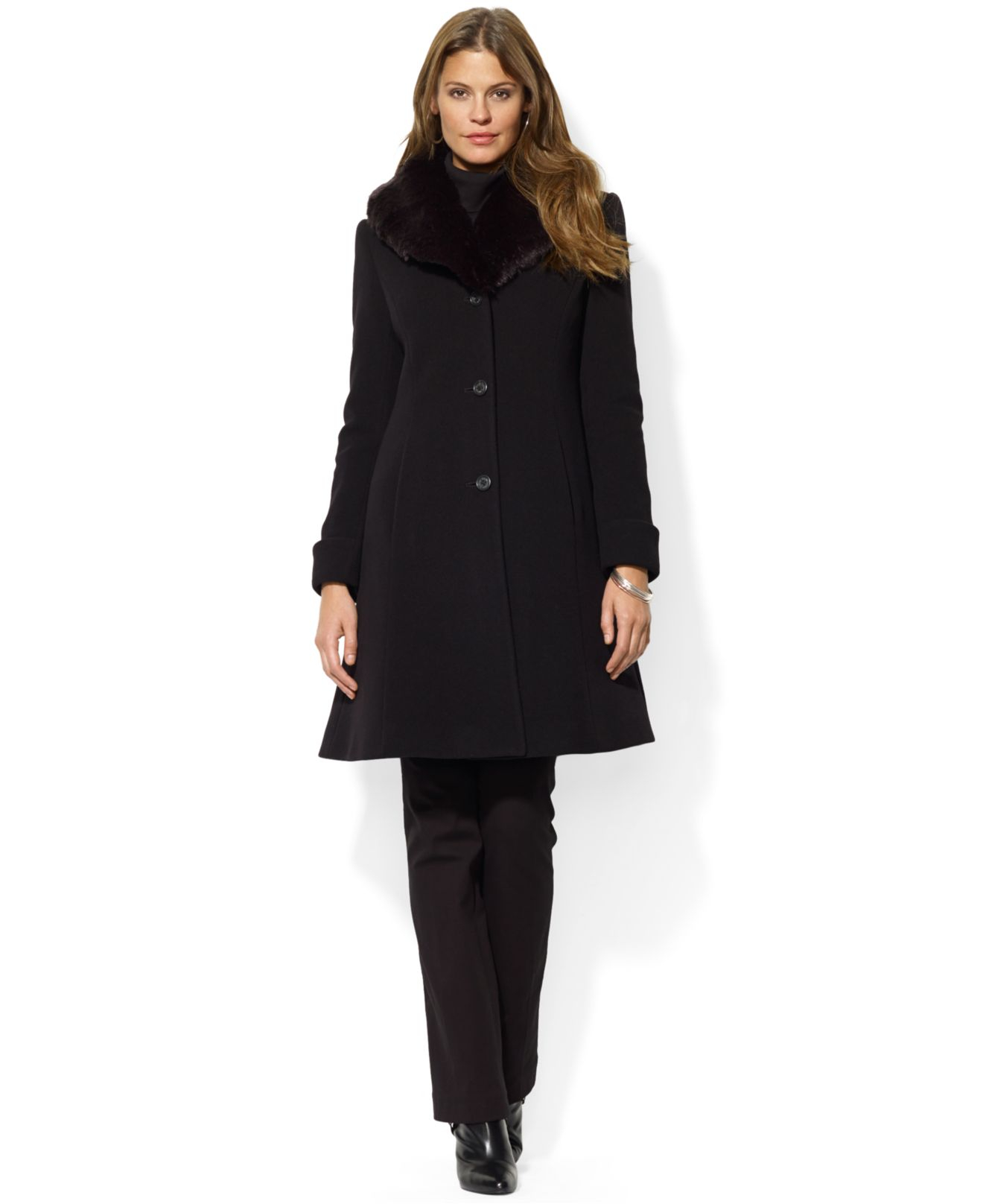 Lauren by ralph lauren Faux-Fur-Collar A-Line Coat in Black | Lyst