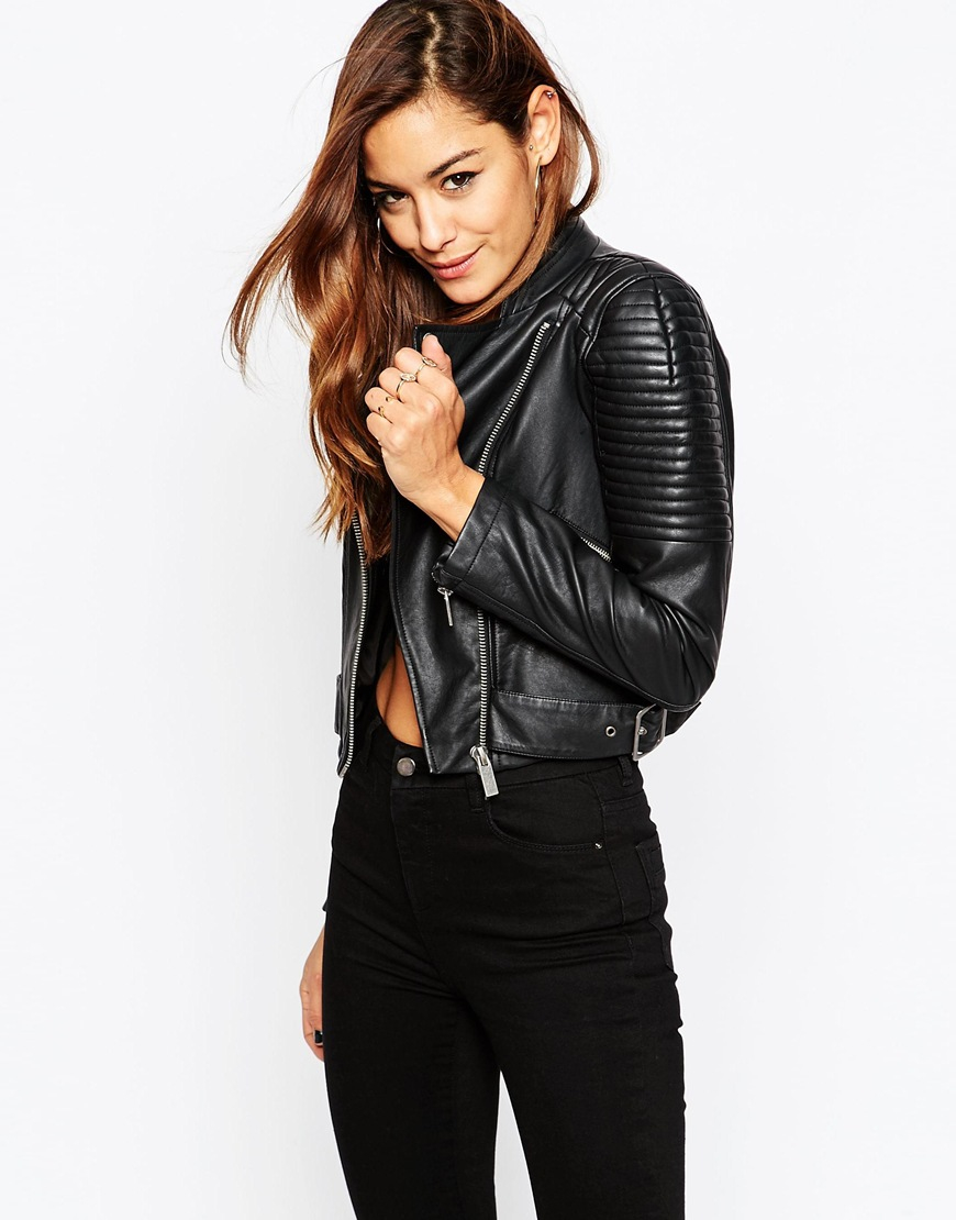 Lyst - Asos Leather Look Cropped Biker Jacket With Buckle Detail in Black