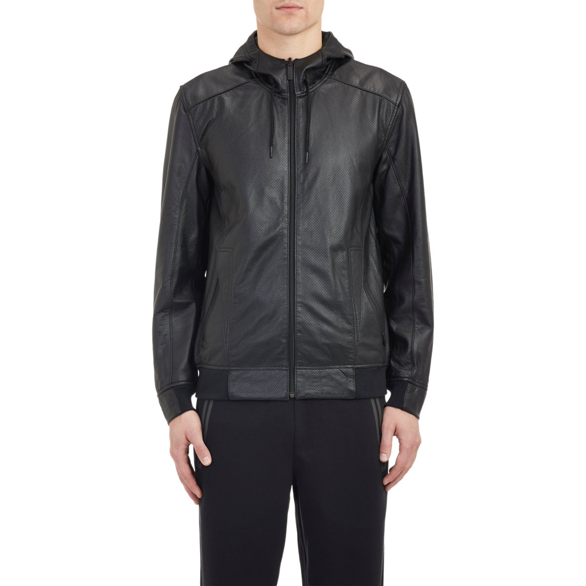 Barneys New York Perforated Leather Hooded Er Jacket In Black Gallery