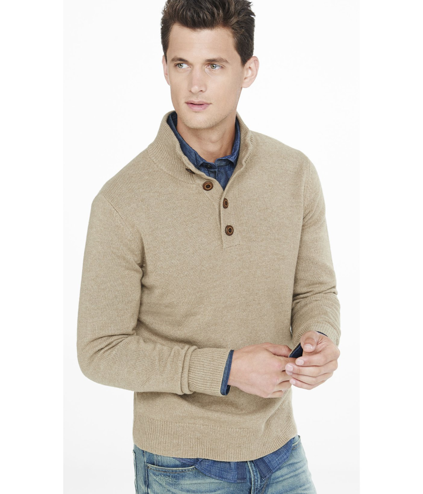 Download Express Button Mock Neck Sweater in Camel (Natural) for ...