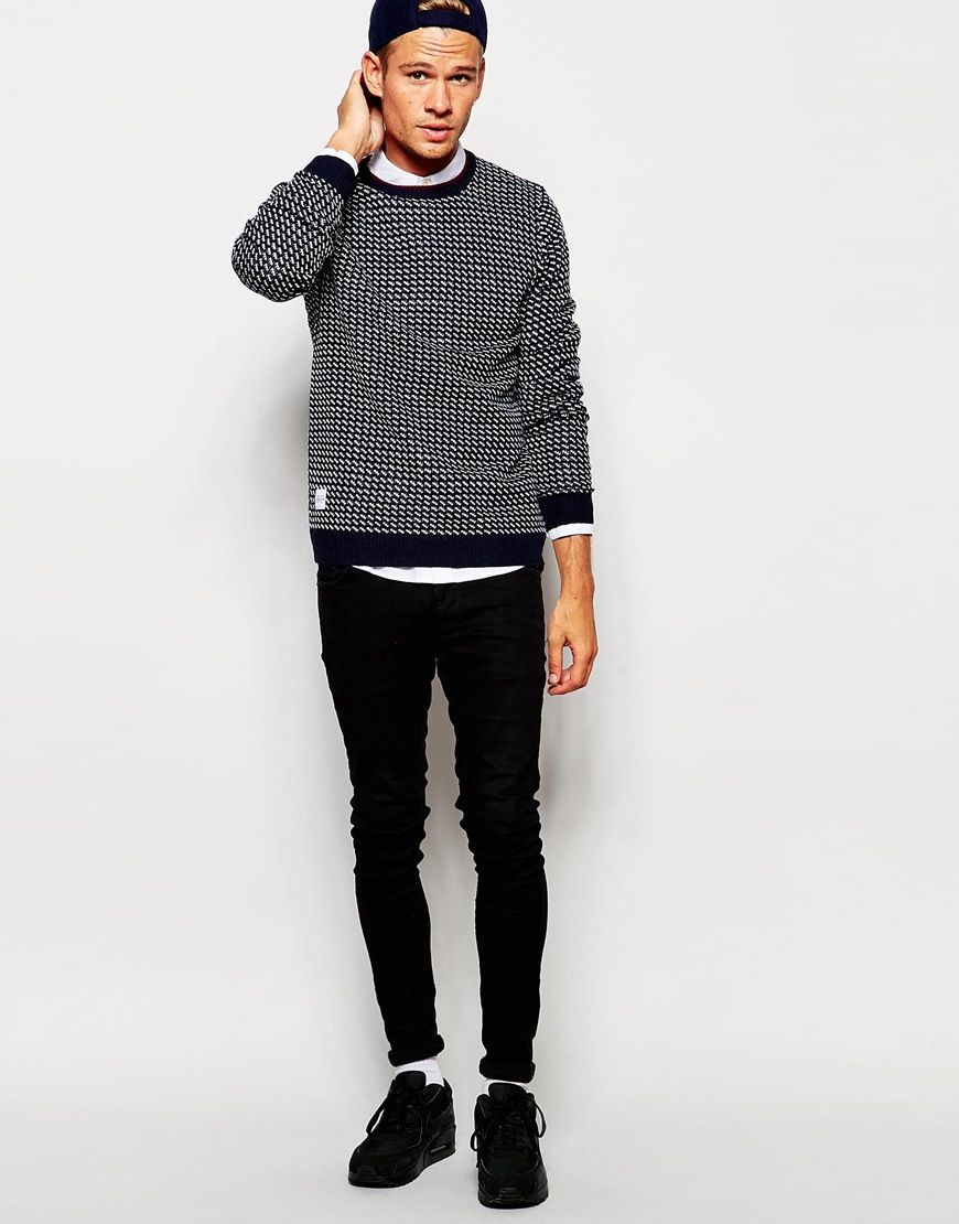Pattern Crew Neck Jumper | native youth pattern knitted crew neck jumper in blue for Pattern Crew Neck Jumper | native youth pattern knitted crew neck jumper in blue for