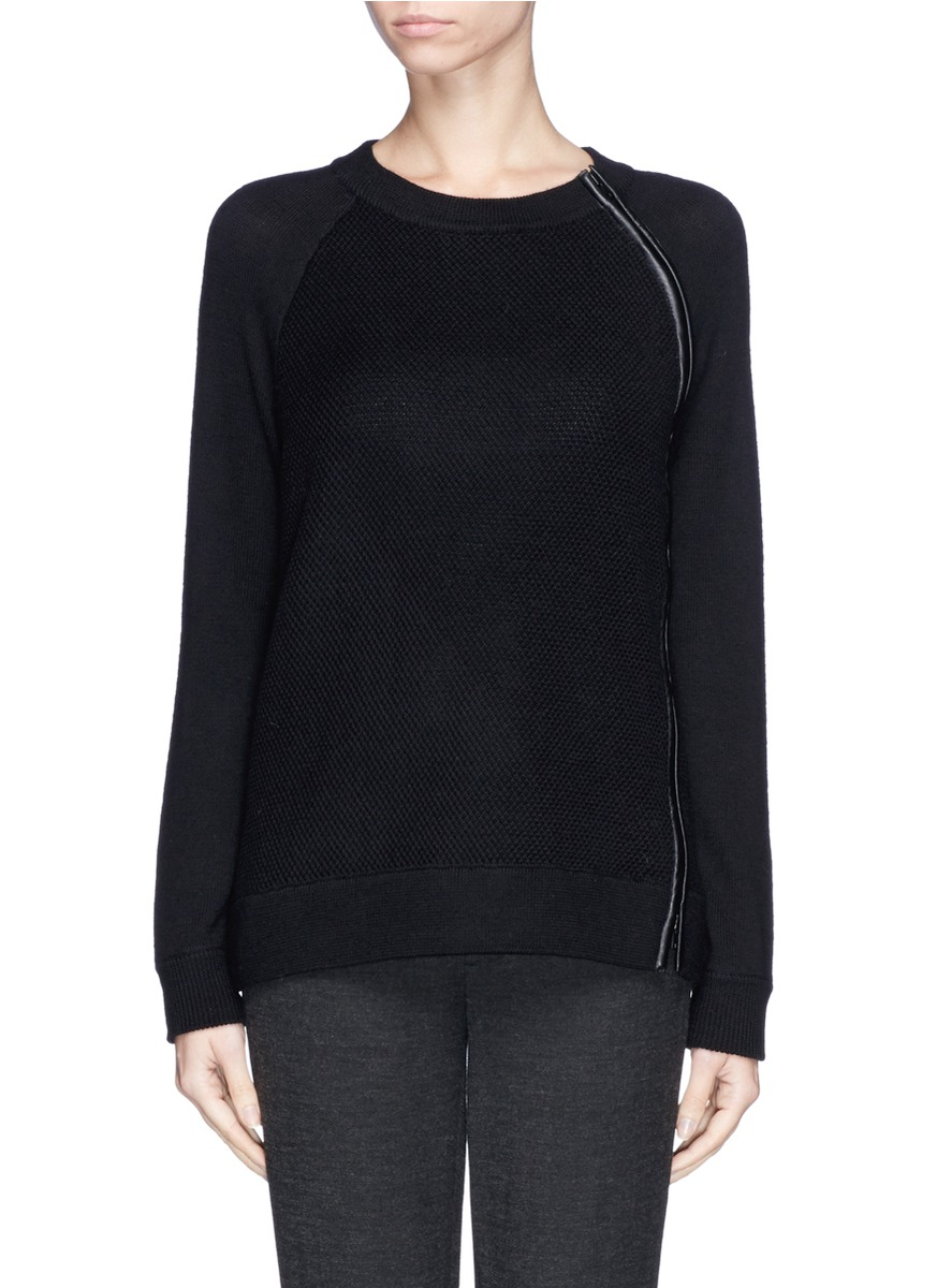 Lyst - Vince Leather Trim Zip Textured Knit Sweater in Black