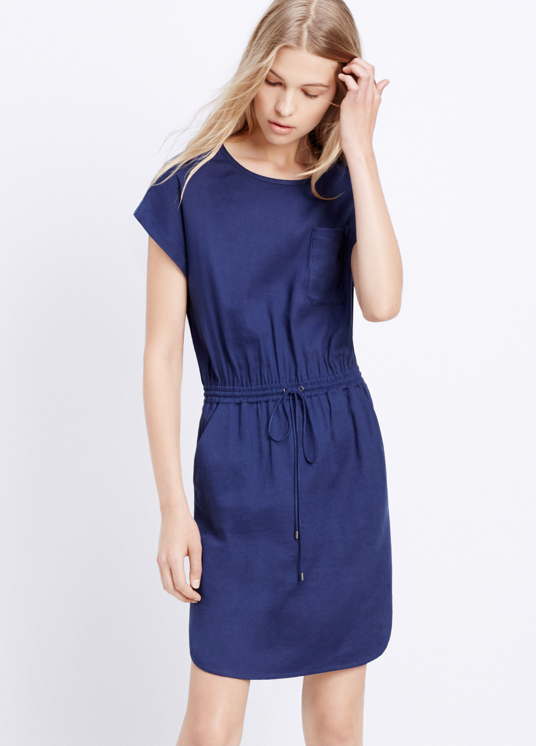 Lyst - Vince Stretch Linen Short Sleeve Drawstring Dress in Blue