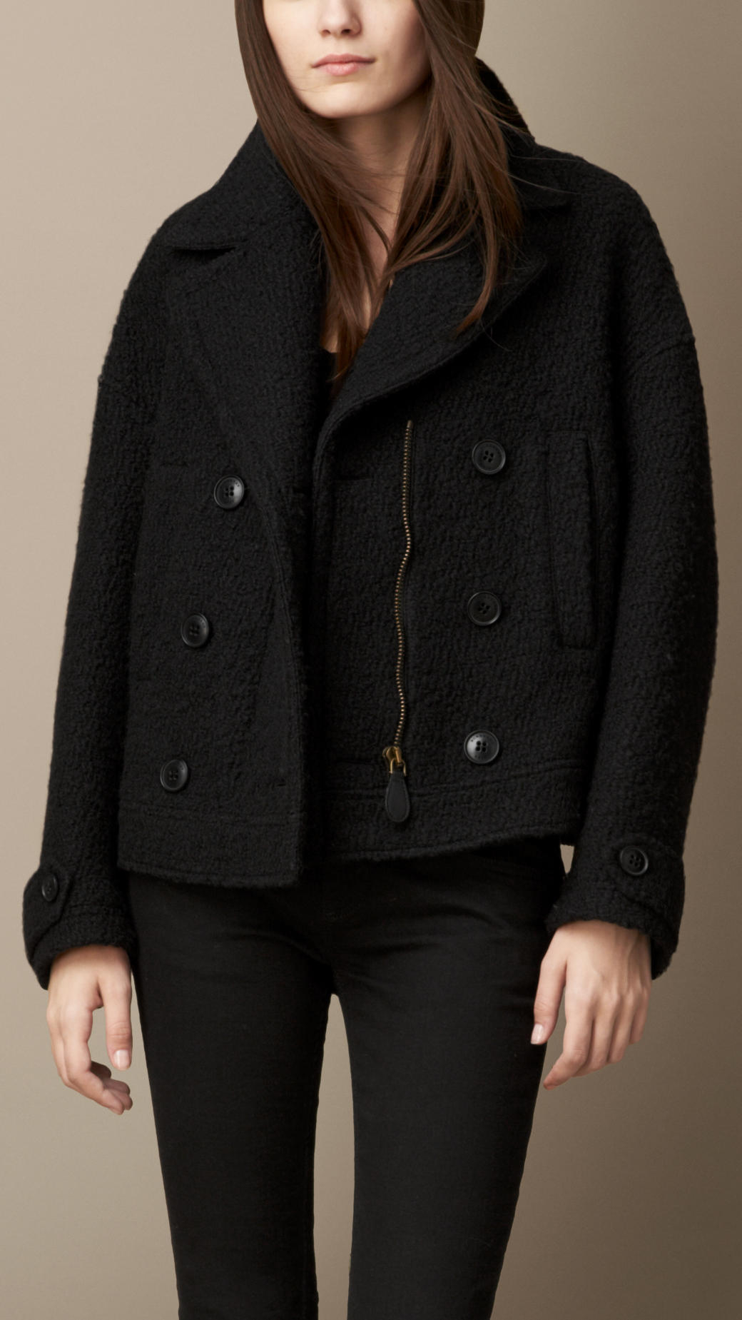 Burberry Relaxed Fit Textured Wool Pea Coat In Black Lyst Detachable Fur Trim Wool Duffle Coat Camel