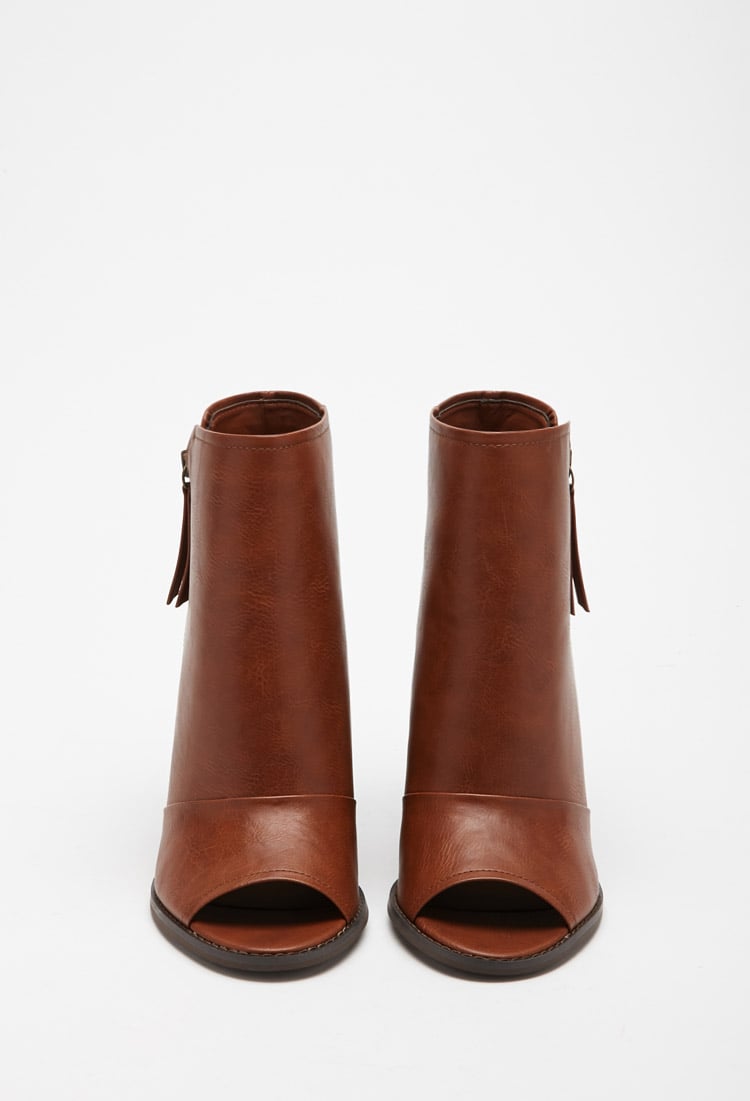 Forever 21 Faux Leather Peep Toe Booties in Brown - Lyst