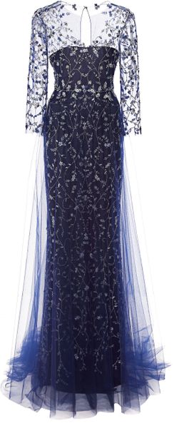 Marchesa Embroidered Gown with Tulle Skirt Overlay in Blue (Midnight ...