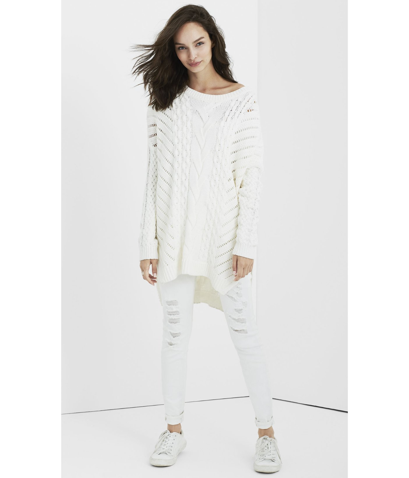 Lyst Express Oversized Open Cable Knit Tunic Sweater In White