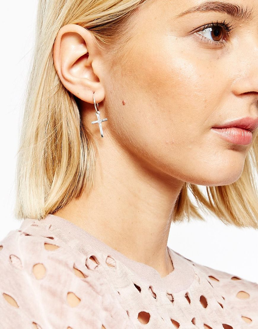 Lyst Asos Cross Charm Hoop Earrings In Metallic Gallery Women S Hoop Earrings