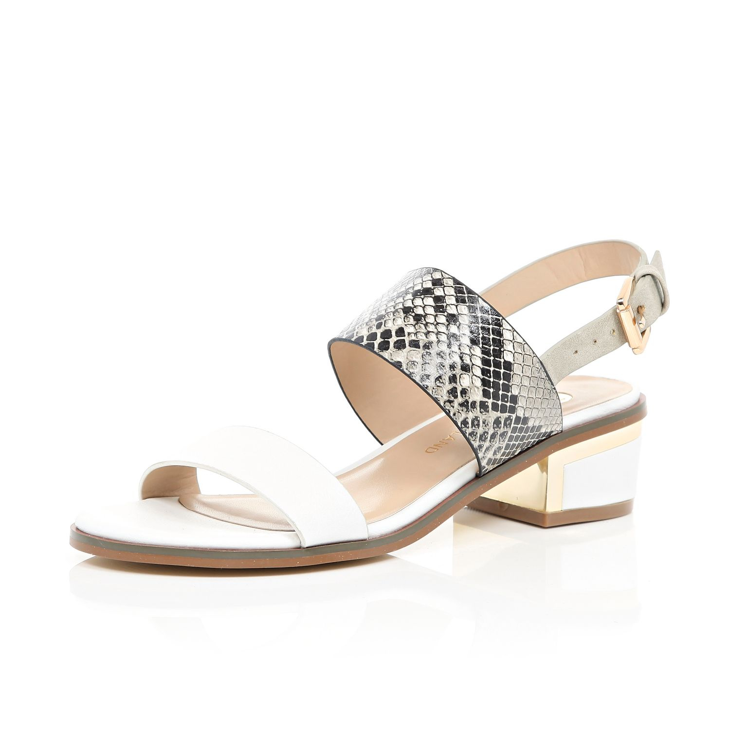 River island White Snake Print Block Heel Sandals in White | Lyst