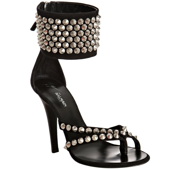 Balmain Black Suede Studded Thong Ankle Cuff Sandals in Black | Lyst
