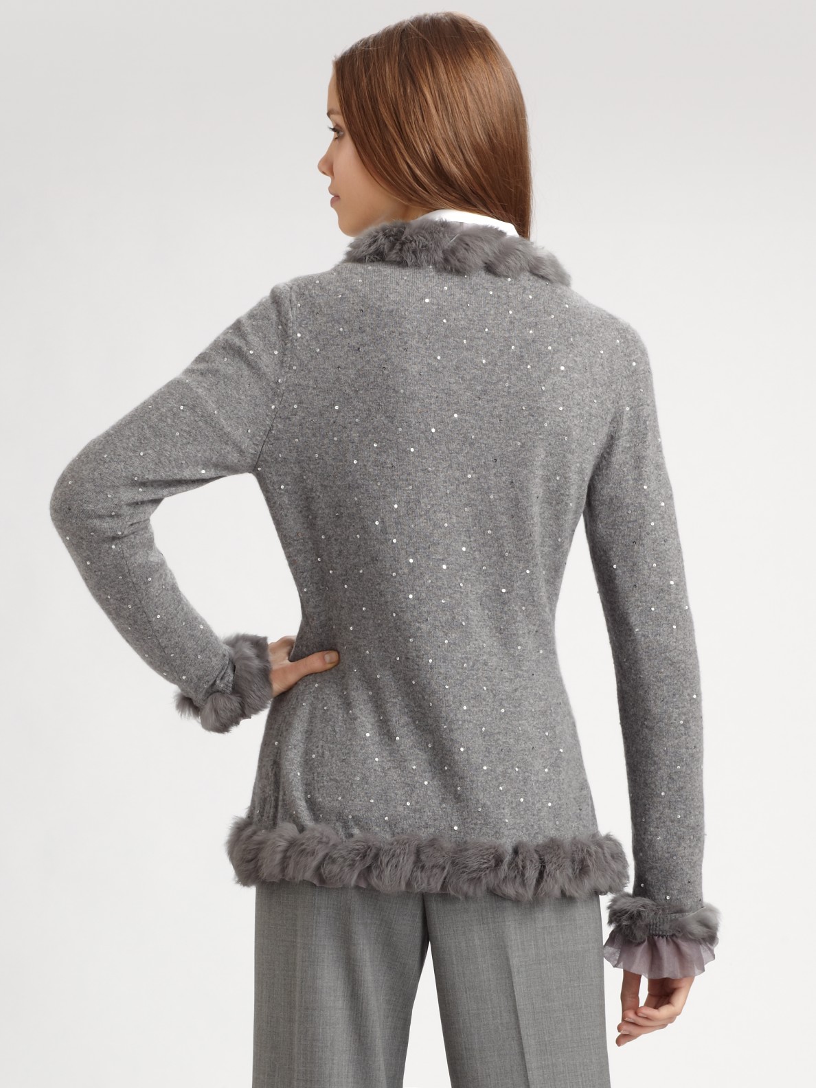 Lyst - Lafayette 148 New York Fur-trimmed Wool/cashmere Cardigan in Gray