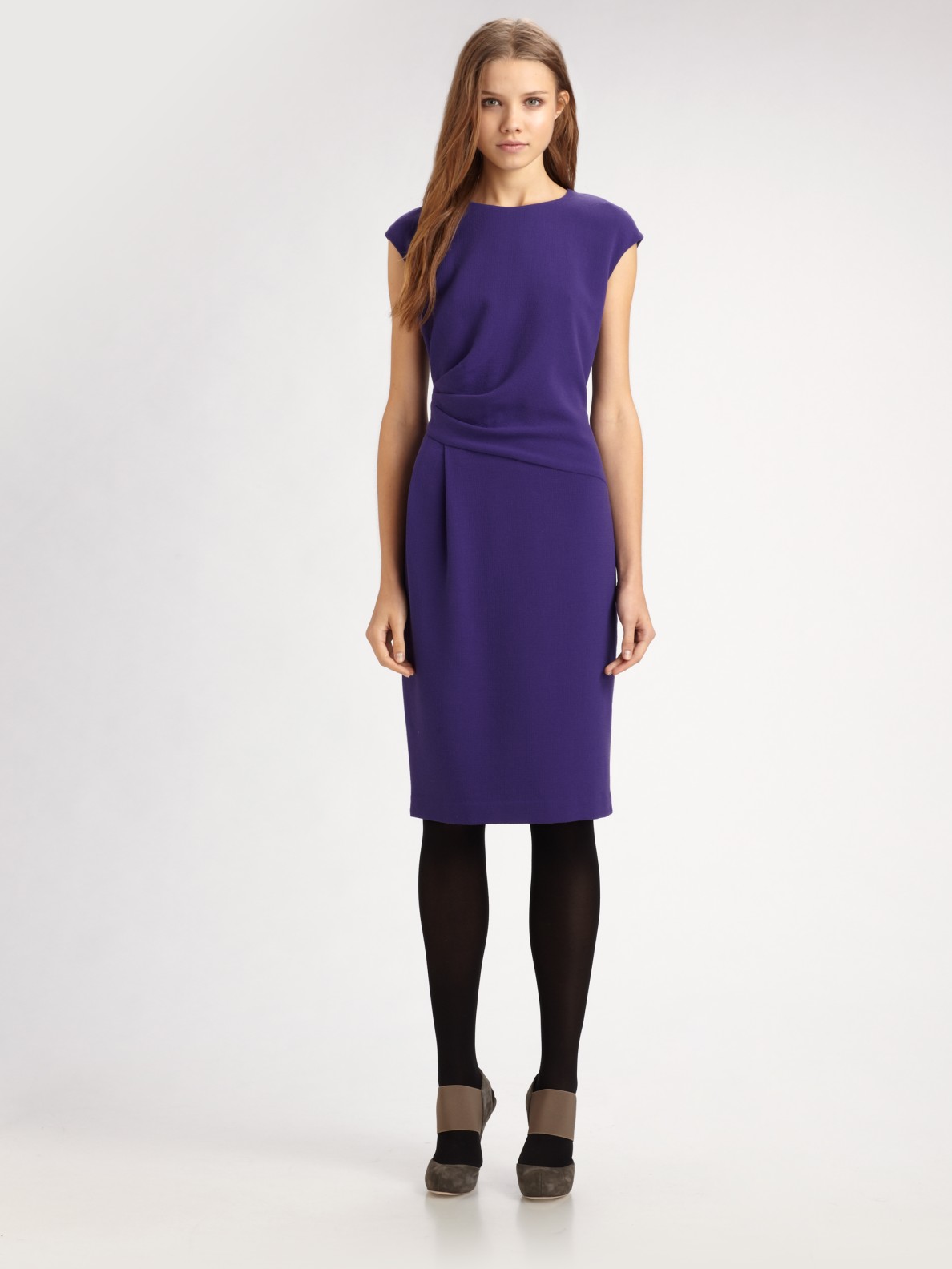 Lafayette 148 new york Ruched Wool Crepe Dress in Purple | Lyst
