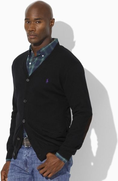 Polo Ralph Lauren Suede-patch Merino Cardigan in Black for Men | Lyst