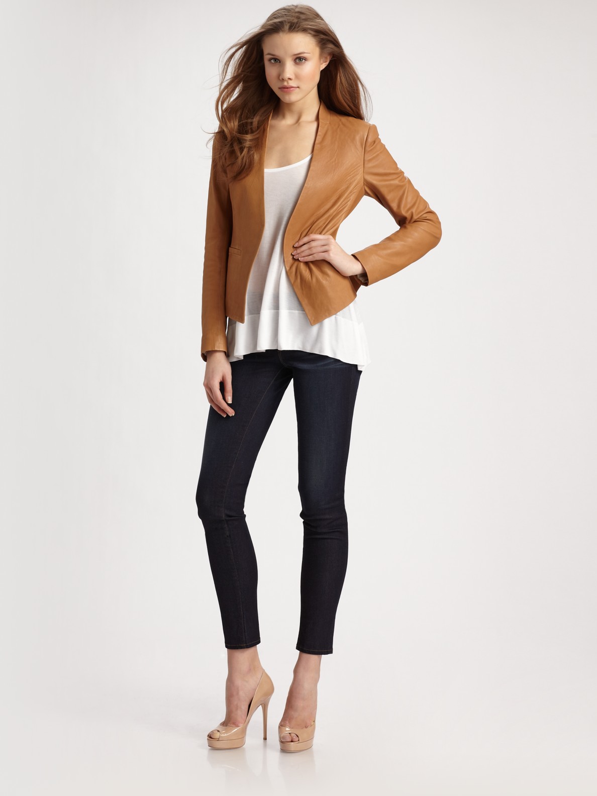 Theory Lanai Open Leather Jacket in Brown | Lyst